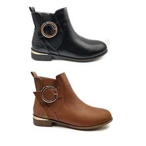 Damen flache Knöchelschnalle Stiefel breite Passform Schuhe Damen schwarz braun Biker Größe 4-8 - Bild 1 von 30