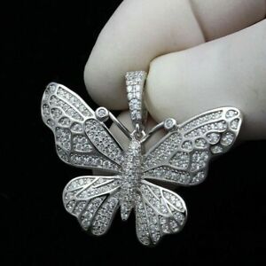 4Ct Round VVS1/D Diamond BUTTERFLY Pendant 14K White Gold Over 18'' Free Chain  