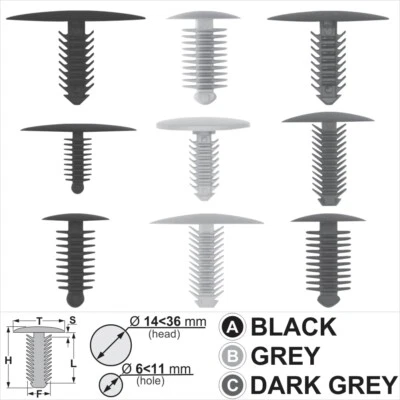 EJ-PARTS Pannello di rifinitura auto plastica abete abete bottoni clip universale nero grigio scuro UK