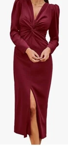 Pretty Garden Wine Red L Vneck Twist Maxi Party Dress Slit Stretch Long Sleeve - Picture 1 of 14