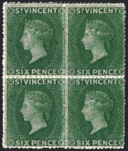 ST VINCENT-1862 6d Deep Green.  A mounted mint block of 4 Sg 4, lower stamps UM - Picture 1 of 1