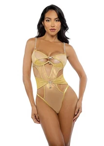 Gold Rhinestone Sparkle Metallic Shimmer Mesh Thong Teddy - Picture 1 of 12