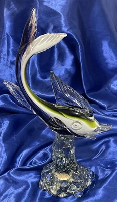 Vintage Murano Glass Fish Figurine Green, White, Purple ICET Gold Label - image 1 of 4