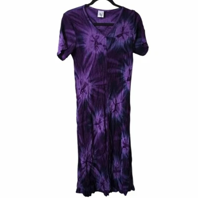 Maxi Vestido para Mujer Tie-Dye Púrpura Azul Rayón Elastizado Cuello en V Mediano Boho Foto 1 de 4