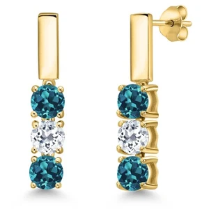 2.00 Ct  London Blue Topaz White Topaz 18K Yellow Gold Plated Silver Earrings - Picture 1 of 6