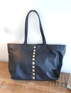 Black Faux Leather Tote Purse W/ Gold Tone Spike Studs Large Handbag Pocketbook - Picture 1 of 24