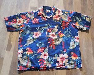Vintage Hilo Hattie Button Up Shirt Mens XL Blue Floral Hawiian Camp Parrot