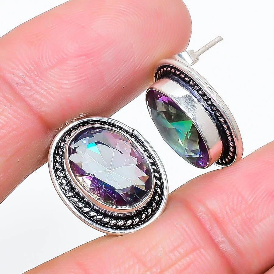Mystic Topaz Gemstone 925 Sterling Silver Jewelry Stud Earring Size 0.75" - Image 1 of 1