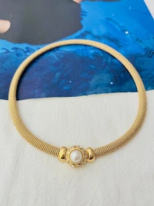 Christian Dior Vintage 1980s Pearl Square Crystals Button Omega Mesh Necklace - Picture 1 of 11