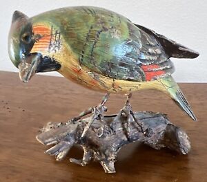 Vintage Hand Carved Painted Wood Bird on a Wood Branch