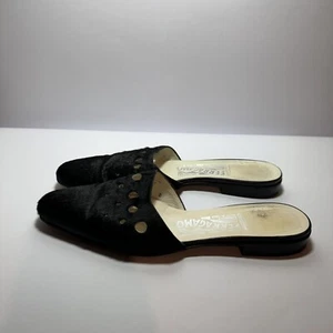 Salvatore Ferragamo Black Flat Slip On Pony Hair Mules Size 7 Designer - Picture 1 of 16