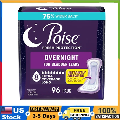 Almohadillas para incontinencia Poise Overnight 8 caídas, 96 quilates, cobertura adicional para fugas Foto 1 de 4