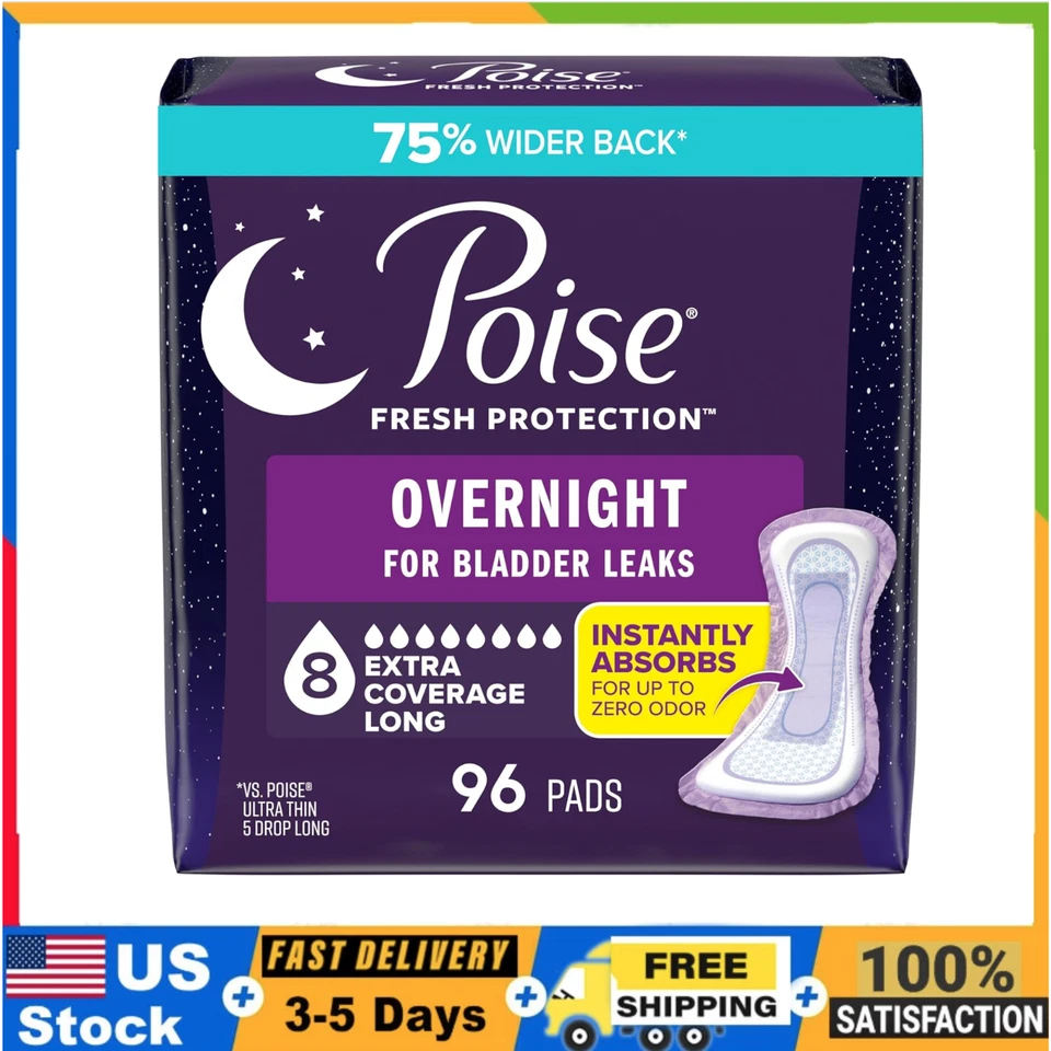 Almohadillas para incontinencia Poise Overnight 8 caídas, 96 quilates, cobertura adicional para fugas Foto 1 de 4