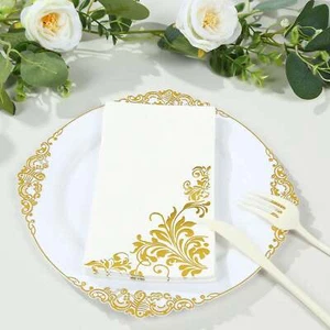 50 WHITE GOLD Paper Baroque Floral Print NAPKINS Party Reception Decorations - Picture 1 of 8