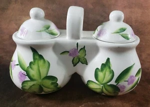 Vintage Handpainted Purple Floral Double Condiment Set Produced For Designpac - Picture 1 of 9