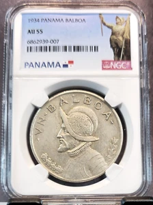 1934 PANAMA SILVER 1 BALBOA VASCO NUNEZ DE BALBOA NGC AU 55 NICE HIGH GRADE - Picture 1 of 3