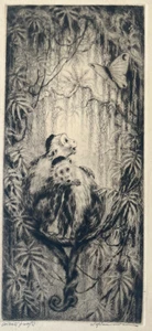 ETCHING WILL SIMMONS (1884-1949) MONKEYS & BUTTERFLY Listed Wildlife Art Print - Picture 1 of 4