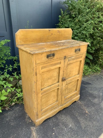 Antique Mustard Yellow Cupboard Storage Cabinet Panel Doors Drawer Farmhouse Vtg Cover