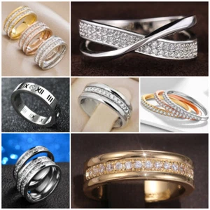Men/Women Cubic Zircon Couple Stainless Steel Wedding Rings Engagement Band UK - Picture 1 of 58