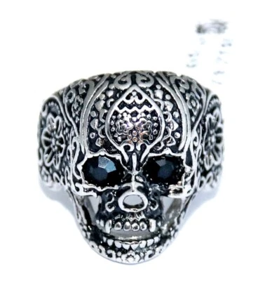 AWESOME MEN's MASSIVE FILIGREE STAINLESS STEEL SKELETON SKULL RUBY EYES RING NWT - Image 1 of 4