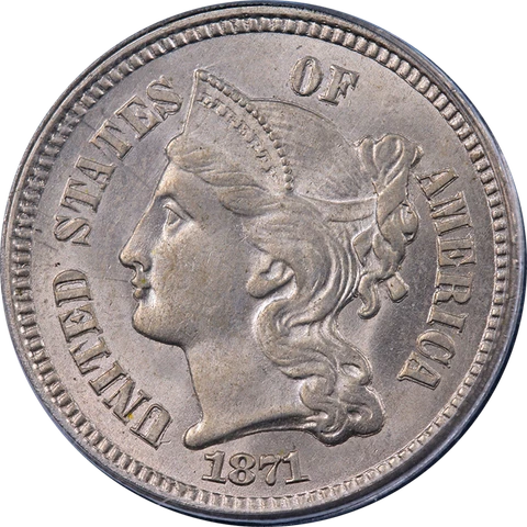 1871 Three (3) Cent Nickel PCGS MS64 Great Eye Appeal Strong Strike Cover