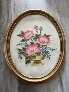 Vintage Handmade Framed Embroidery- Flower Bouquet in Vase- 14.5" x 11.5" - Picture 1 of 4