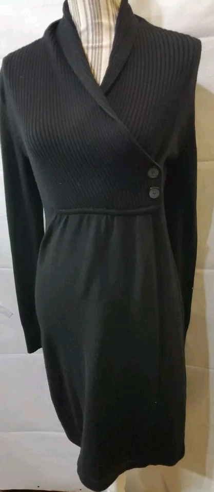 Black Sweater Dress Evan Picone Size S Fitted Waist Longsleeve Faux Wrap - Image 1 of 4