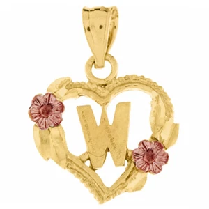 Genuine 14k Two-tone Gold 0.66" Initial W Heart-shaped Flower Pendant For Women - Picture 1 of 5