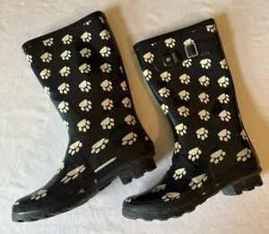 Norty Women's Pawprint Black Rainboots Mid Calf Size 6 Dog Paws Wellies - Picture 1 of 4