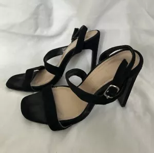 FOREVER 21 Women's 7.5 Black Faux Suede Strap Block High Heel Sandal Open Toe - Picture 1 of 8