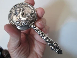 Antique Art Nouveau - UNGER BROS - STERLING - POCKET - HAND MIRROR w/ WOMAN - Picture 1 of 11