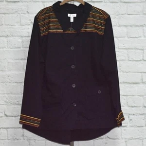 Denim & Co Jacket Sz 1X Black Cotton Twill Utility Shacket Embroidery Urban Chic - Picture 1 of 7