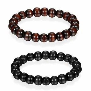 10mm Black Brown Wooden Beaded Mala Bracelet Elastic Bangle for Men and Women - Picture 1 of 15