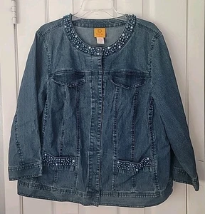 Ruby Rd Womens Blue Denim Jean Jacket Size 16 Bead Neck and Pockets, Snaps  - Picture 1 of 5