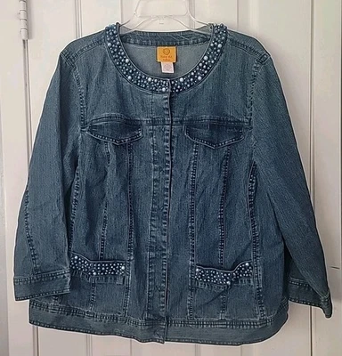 Ruby Rd Womens Blue Denim Jean Jacket Size 16 Bead Neck and Pockets, Snaps  - Image 1 of 4