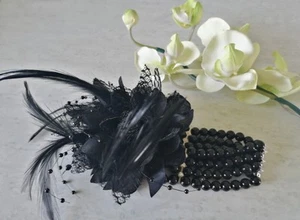superschönes Armband schwarze Perlen mit Federn, selten, Neu - Bild 1 von 5