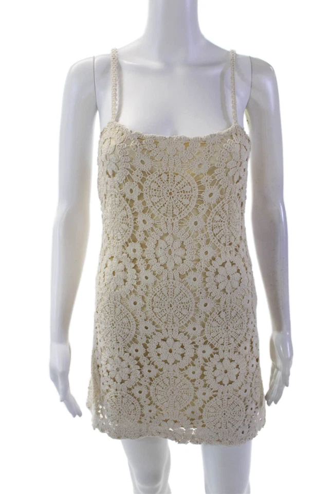 MNG Womens Crochet Cotton Scoop Neck Sleeveless Lined Mini Dress Beige Size 2 - Image 1 of 4