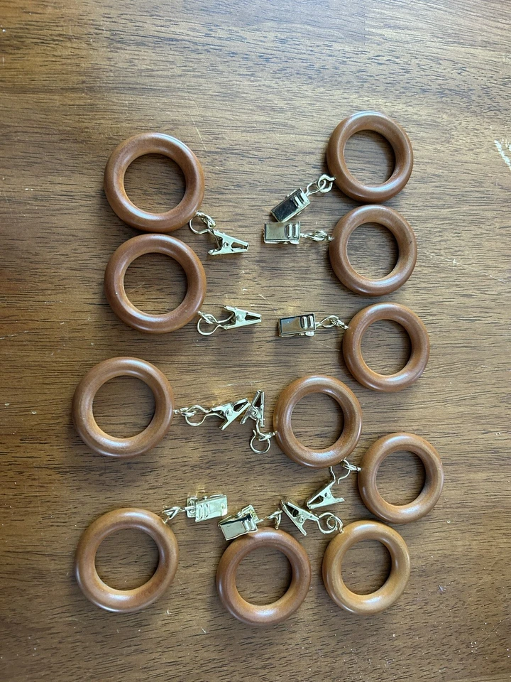 Set of 11 Faux Wood Curtain Rings with Clips Medium Brown with Gold tone Clips - Image 1 of 4