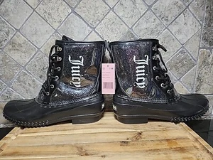 Juicy Couture Women's Black Glitter Talos Lace-Up Ankle Duck Rain Boots 11 M - Picture 1 of 15