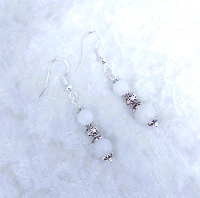 White Jade Bead , 3 cm Long, 925 Silver Hook Earrings. Handmade In Gift Bag - Image 1 of 4