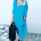 Womens Cotton Linen Shirt Dress Kaftan Summer Long Sleeve Oversized Maxi Tops US