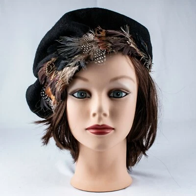 Grandma 1940's Africa Black Wool Feathers Vintage Women Beret Hat Size M 7 1/4 - Image 1 of 4