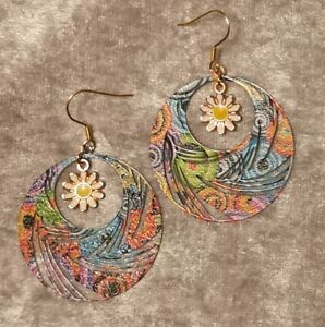 Flower Earrings Boho Multicoloured Swirl On Hypoallergenic Hooks (Gold Tone)