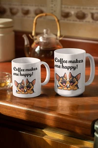 2 glückliche Deutsche Schäferhunde Welpen Kaffee macht mich glücklich Tasse Geschenk Hundeliebhaber - Bild 1 von 7