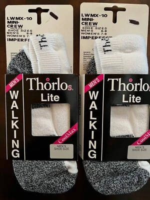 2 PAIR THORLO LITE COOLMAX MINI-CREW WALKING SOCKS, UNISEX MEDIUM, IMPERFECT USA - Image 1 of 3