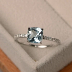 14k White Gold Finish 2 Ct Cushion Cut Aquamarine Diamond Solitaire Wedding Ring - Picture 1 of 6