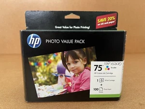 Genuine HP Tricolor Ink Custom Cartridge 75 + 100 Photo Paper Sheets Value Pack - Picture 1 of 8