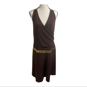 Torrid Damen Neckholder Faux Wickelkleid. Goldpunktborte. Größe 12. Brauner fallender Rock. - Bild 1 von 12