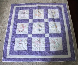 Handmade Baby Quilt Embroidered Girls Sunbonnet 44x44 Lap Throw Wall Hanging - Picture 1 of 17