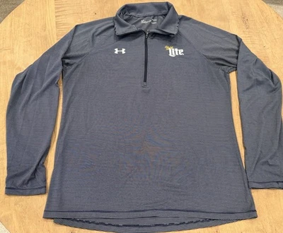 Camisa suéter Under Armour 1/4 cremallera para mujer L azul a rayas Miller Lite Heatgear Foto 1 de 4